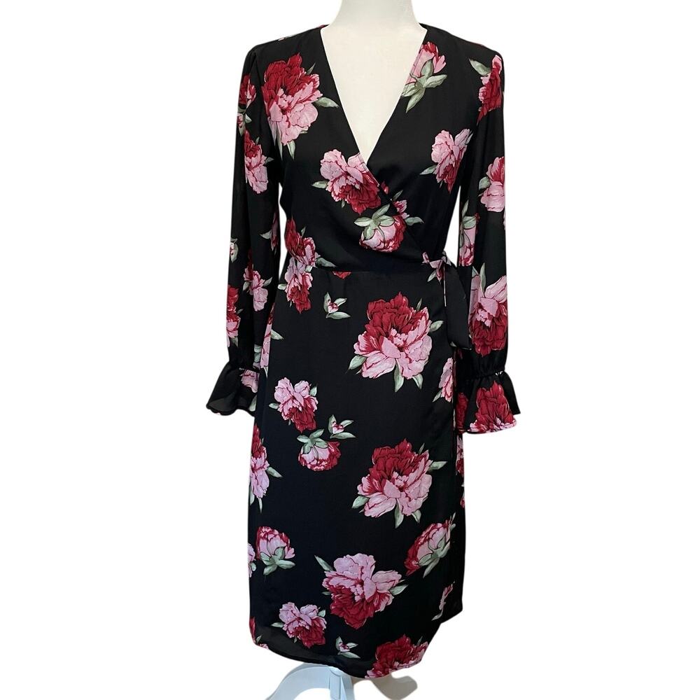 Lulus Romantic Blooms Black Floral Midi Wrap Dress Sz M Plunging Neck Black Pink - Picture 2 of 16